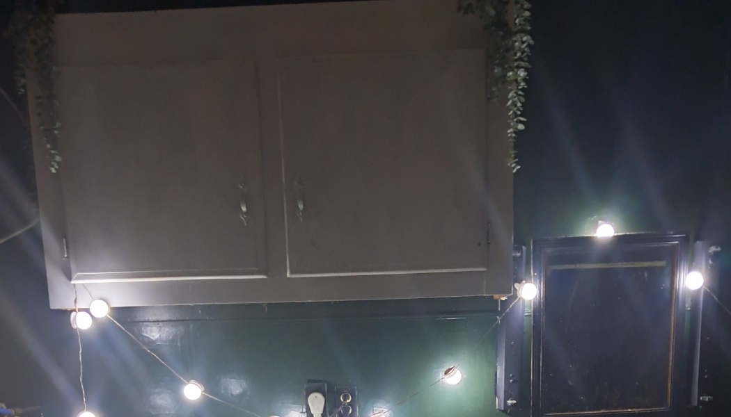 Wall-mounted beige cabinets draped with faux vines and glowing string lights against a dark green backdrop.