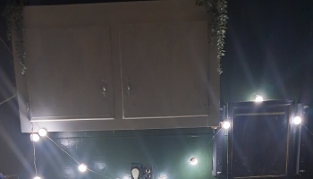 Wall-mounted beige cabinets draped with faux vines and glowing string lights against a dark green backdrop.