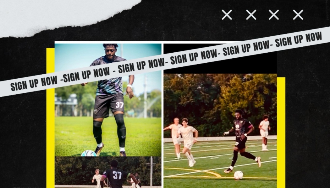 Soccer players in action on a field in a graphic collage featuring a diagonal 'SIGN UP NOW' banner.