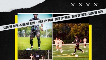 Soccer players in action on a field in a graphic collage featuring a diagonal 'SIGN UP NOW' banner.