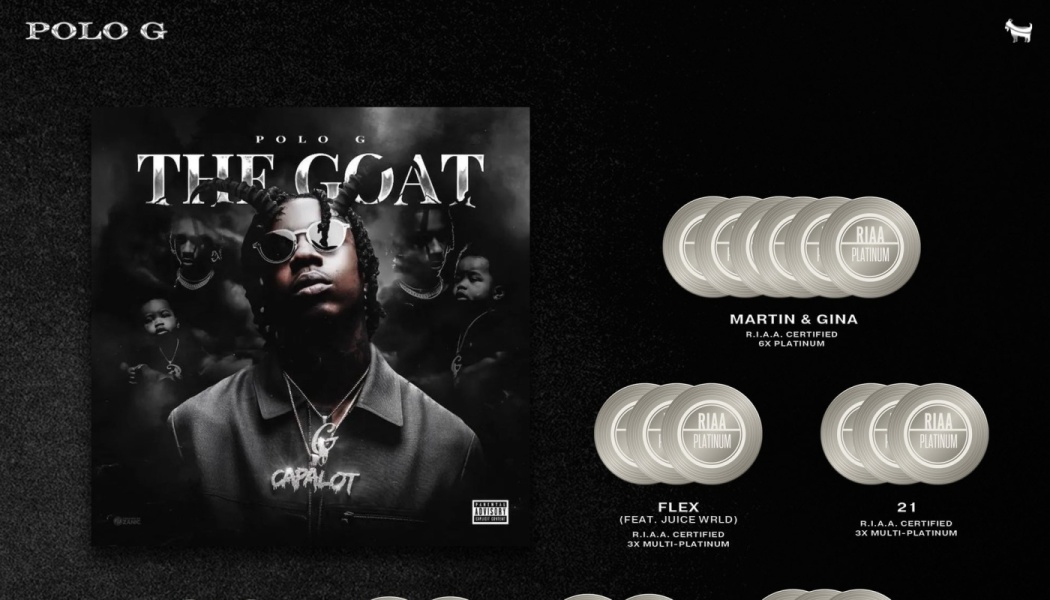 Polo G's THE GOAT album cover alongside RIAA platinum certifications for Martin & Gina, Flex, and 21.