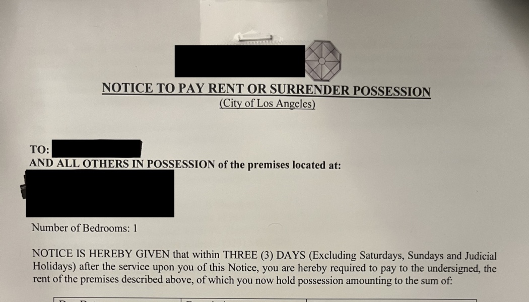 Official Notice to Pay Rent or Surrender Possession from Los Angeles with redacted personal information.