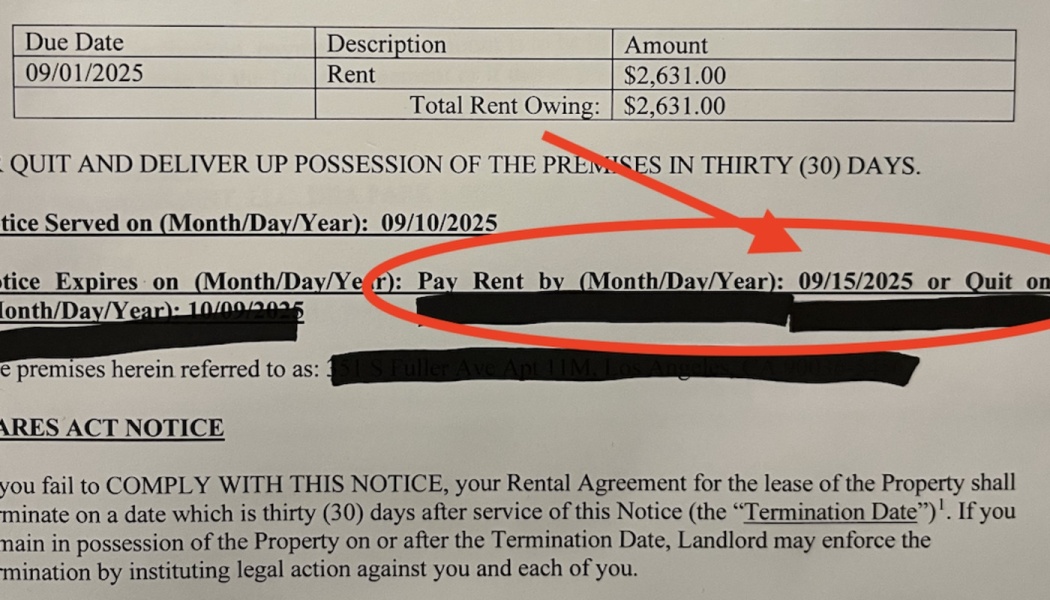 Rental notice showing $2,631 in rent due, with a red circle highlighting "Pay Rent by 09/15/2025 or Quit".
