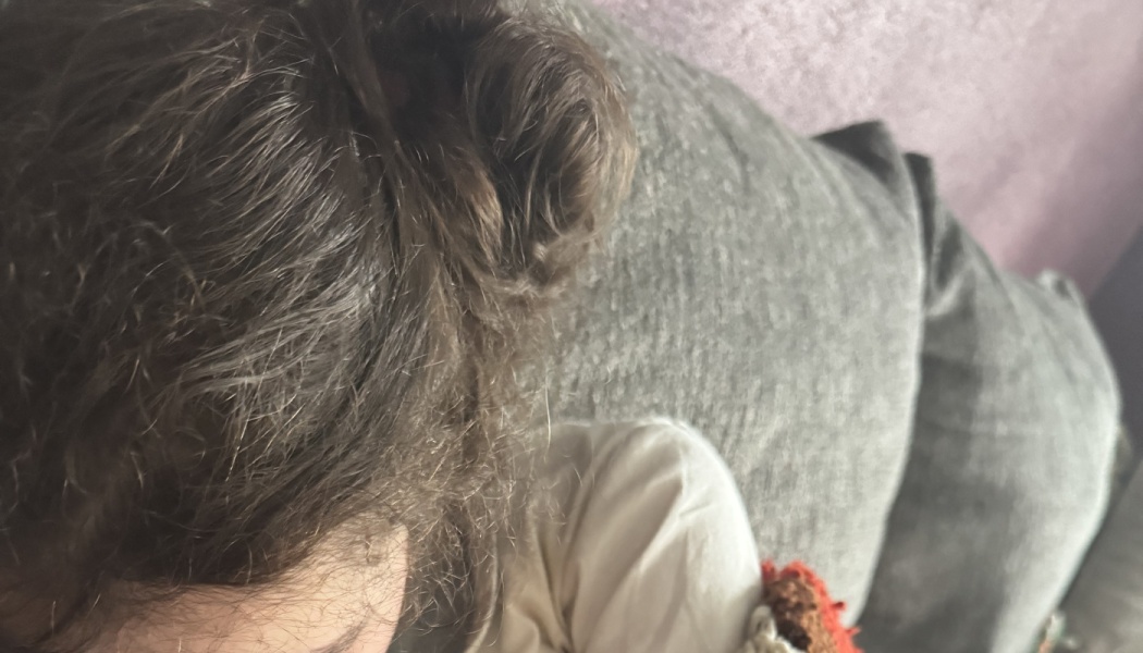 A person with brown hair styled in messy buns resting against a grey sofa pillow.