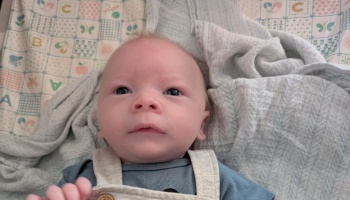 A wide-eyed newborn baby lying on a soft blanket, looking up with a curious expression.