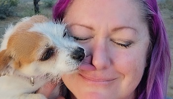 A small, scruffy brown and white puppy licks the nose of a smiling woman with purple hair.