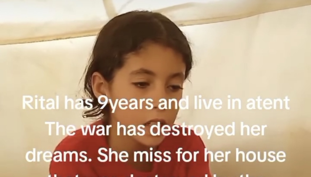 A young girl in a red shirt sitting inside a tent, with text overlay describing her story of displacement.
