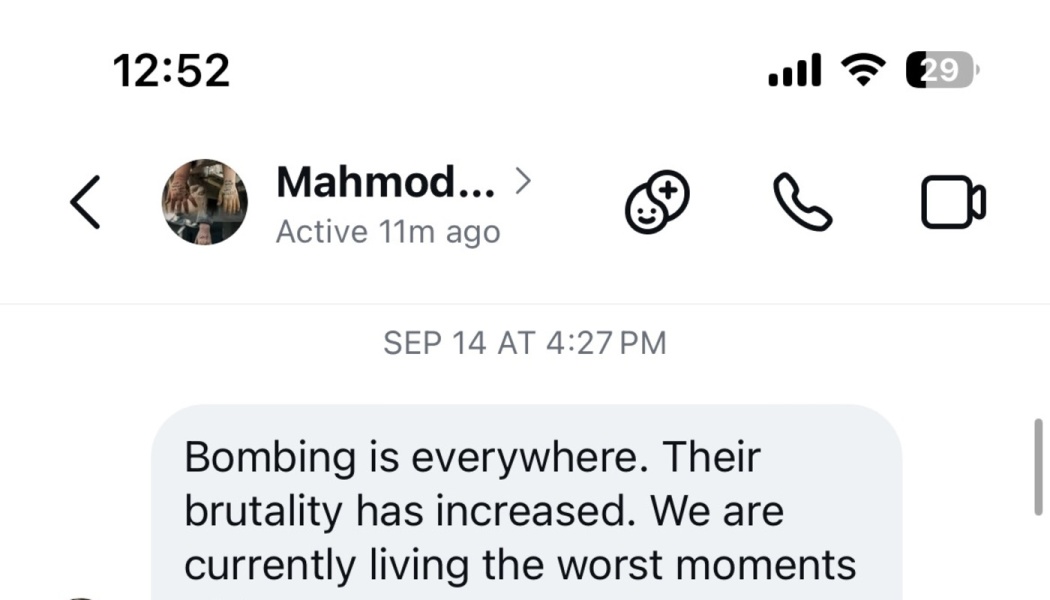 Screenshot of a chat message from Mahmod stating, "Bombing is everywhere. Their brutality has increased."