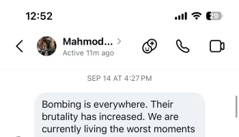 Screenshot of a chat message from Mahmod stating, "Bombing is everywhere. Their brutality has increased."