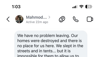 Screenshot of a chat message from Mahmod describing destroyed homes and sleeping in the streets and tents.