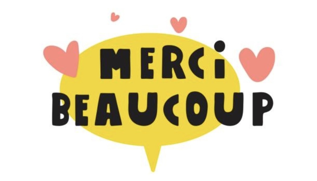 Bold black text reading "MERCI BEAUCOUP" inside a yellow speech bubble surrounded by pink hearts.