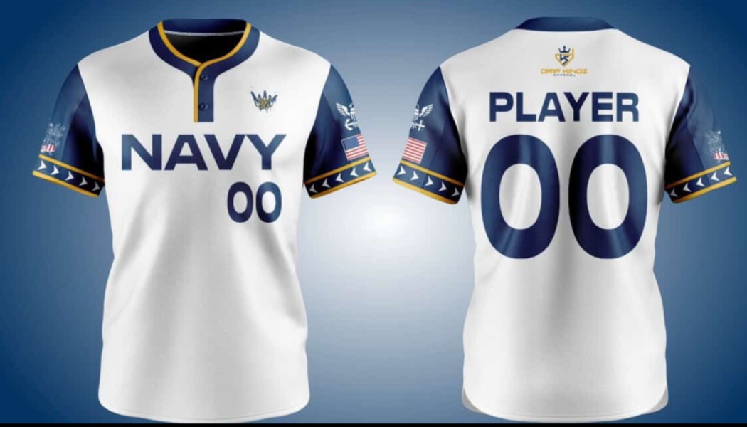 Front and back view of a white and navy baseball jersey with "NAVY 00" on the front and "PLAYER 00" on the back.