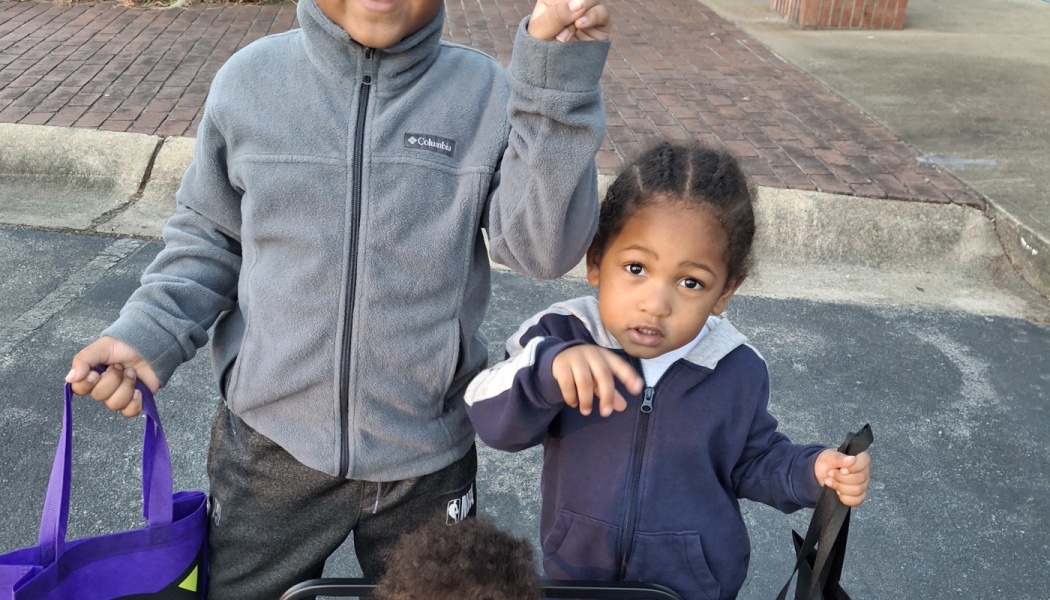 A toddler in a blue hoodie and a young child in a grey fleece jacket stand outdoors holding tote bags.