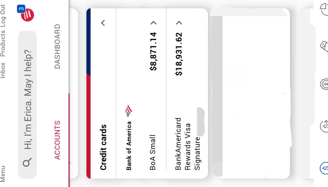 Screenshot of a Bank of America app showing credit card balances of $8,871.14 and $18,931.62.