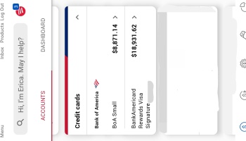 Screenshot of a Bank of America app showing credit card balances of $8,871.14 and $18,931.62.