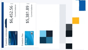 Credit card dashboard displaying a $6,452.56 balance on Freedom Unlimited and $5,381.89 on Freedom Flex.