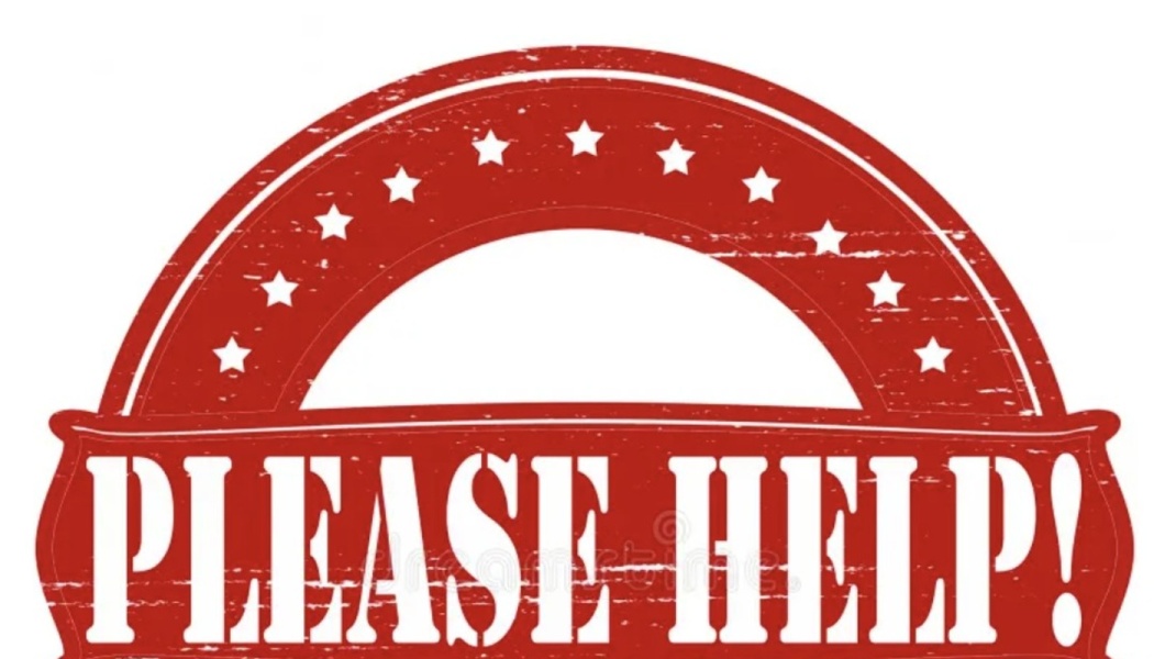 Red distressed stamp graphic featuring stars and bold white text reading 'PLEASE HELP!'