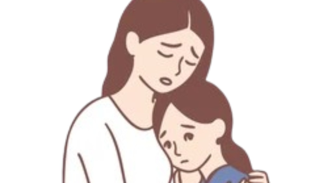 Line art illustration of a concerned mother hugging and comforting her sad young daughter.