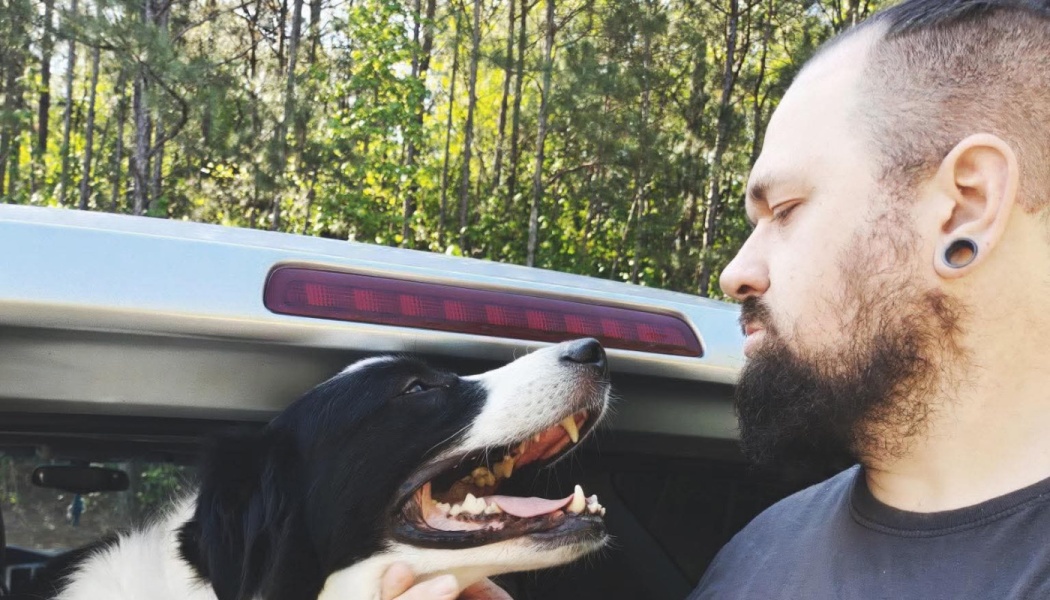 A bearded man looks lovingly at a happy black-and-white dog leaning out of the back of a car.