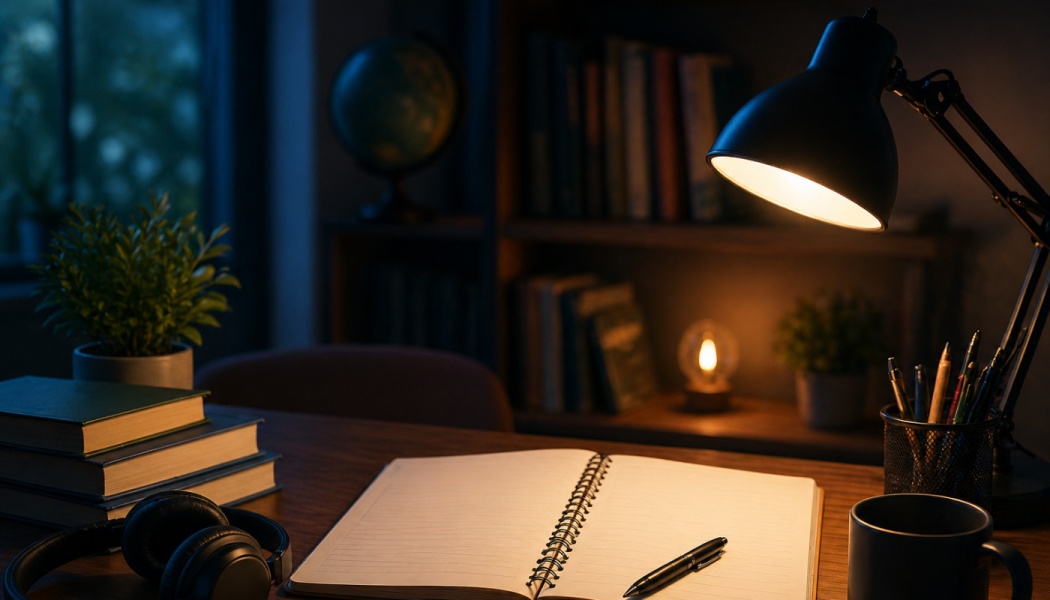 A warm desk lamp illuminates an open notebook, pen, coffee mug, and headphones on a cozy study desk at night.