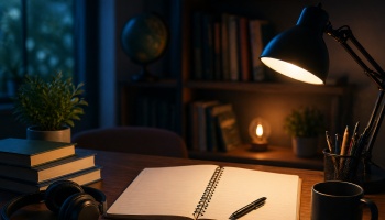 A warm desk lamp illuminates an open notebook, pen, coffee mug, and headphones on a cozy study desk at night.