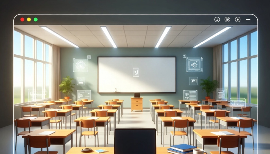 Virtual classroom framed in a browser window with rows of desks, a large screen, and floating digital icons.