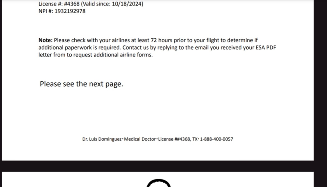 Medical document excerpt with airline ESA letter instructions and contact info for Dr. Luis Dominguez.