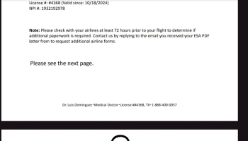 Medical document excerpt with airline ESA letter instructions and contact info for Dr. Luis Dominguez.