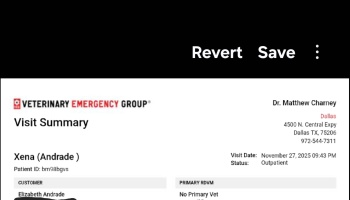 Veterinary Emergency Group visit summary for a pet named Xena, dated November 27, 2025.