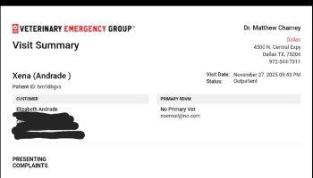 Veterinary Emergency Group visit summary for patient Xena (Andrade) dated November 27, 2025.