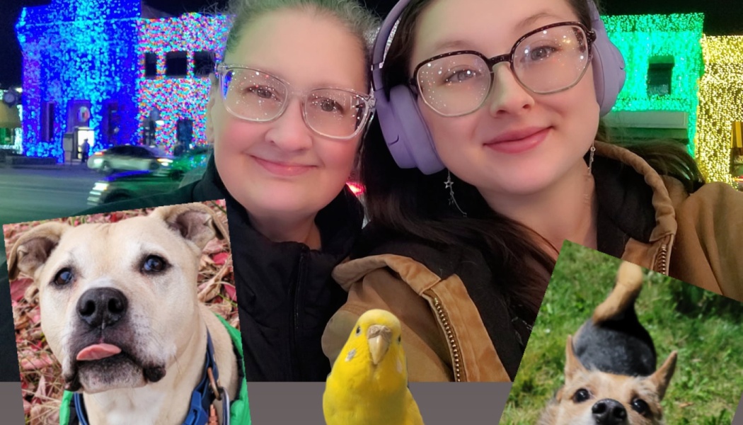 Collage of two smiling women in front of holiday lights, framed with photos of two dogs and a yellow parakeet.