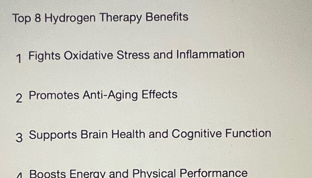 Text list outlining Top 8 Hydrogen Therapy Benefits, including fighting inflammation, anti-aging, and brain health.