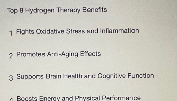Text list outlining Top 8 Hydrogen Therapy Benefits, including fighting inflammation, anti-aging, and brain health.