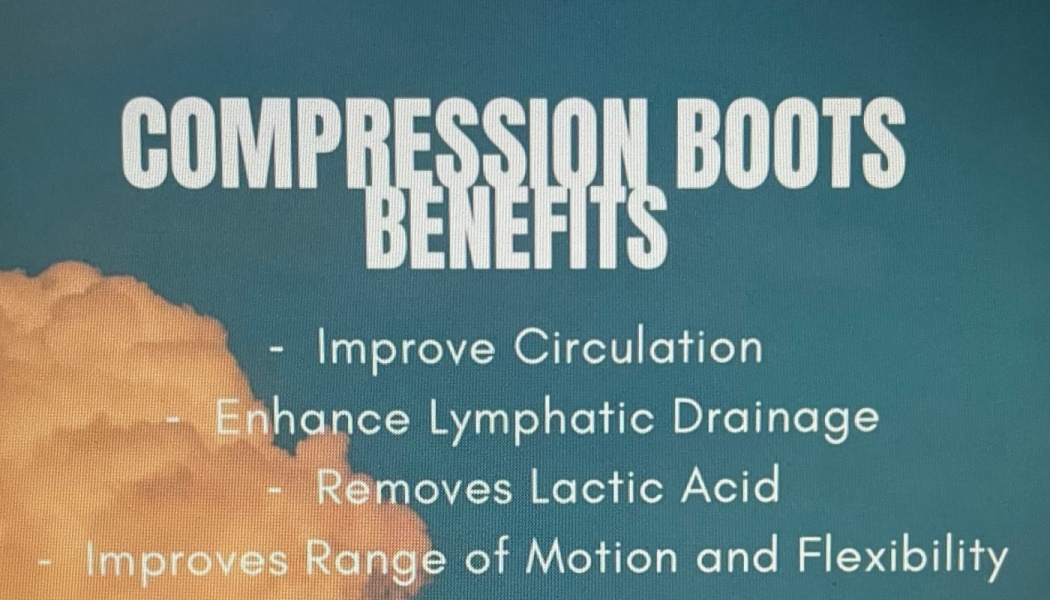 Text graphic titled Compression Boots Benefits: improves circulation, lymphatic drainage, lactic acid, and flexibility.