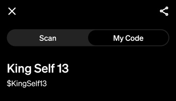 Cash App screen displaying user name King Self 13 and Cashtag $KingSelf13 under the My Code tab.