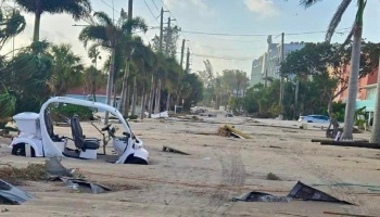 A white golf cart partially buried in deep sand on a street covered in hurricane debris and palm trees.