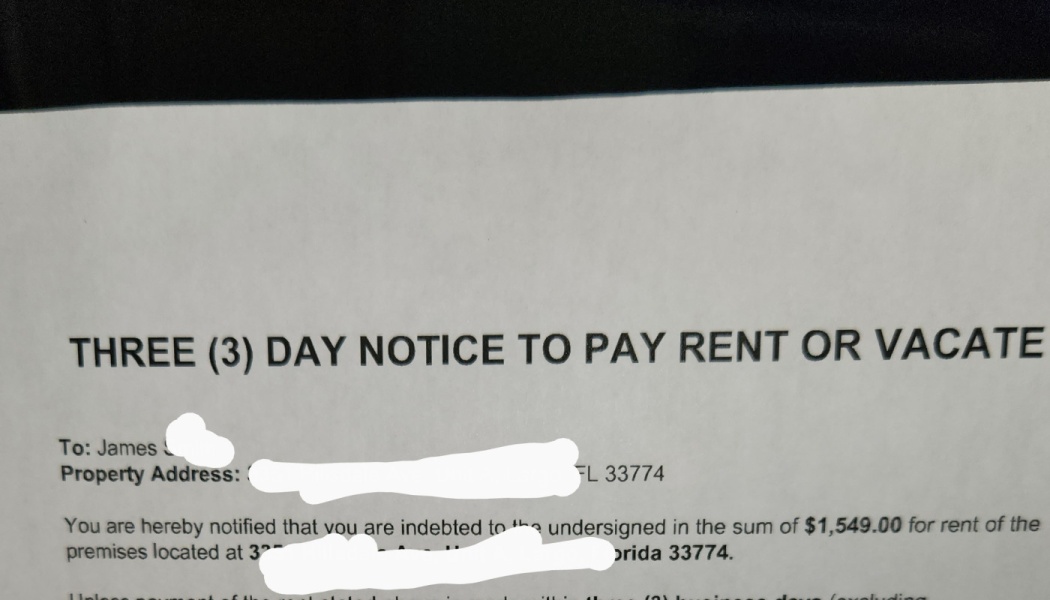 Document titled "THREE (3) DAY NOTICE TO PAY RENT OR VACATE" requesting $1,549.00 for unpaid rent.