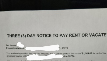 Document titled "THREE (3) DAY NOTICE TO PAY RENT OR VACATE" requesting $1,549.00 for unpaid rent.