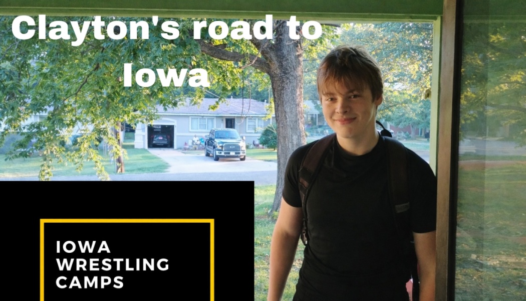 Smiling young man wearing a backpack, overlaid with text: "Clayton's road to Iowa" and "Iowa Wrestling Camps".