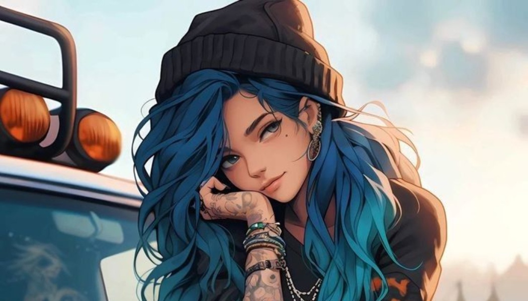 Anime-style woman with long blue hair, tattoos, and a black beanie leaning against an off-road vehicle.