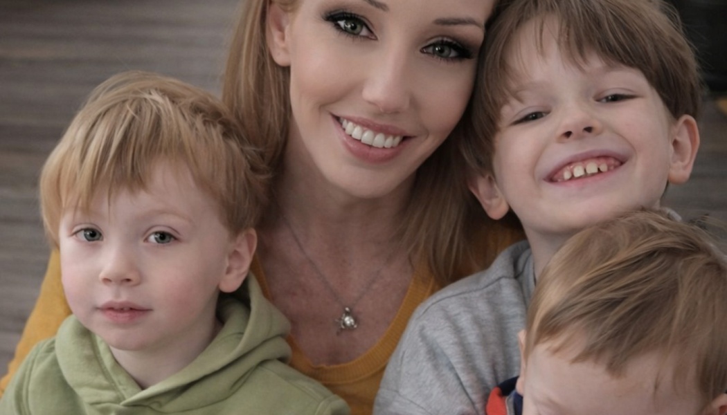 A smiling blonde woman posing closely with her three young, happy children.