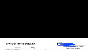 State of North Carolina Robeson County legal document header with case numbers redacted in blue.