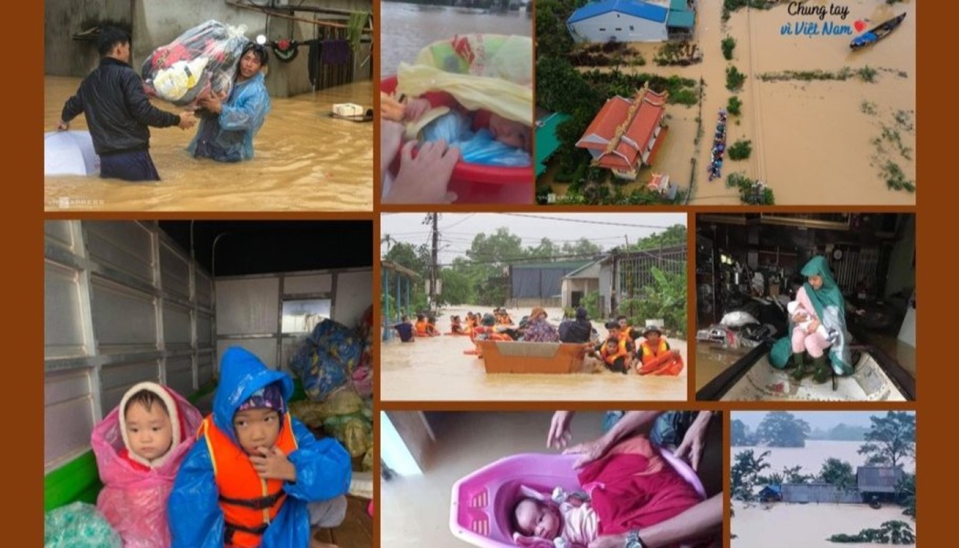 Collage of severe flood emergency in Vietnam, showing rescuers evacuating babies, children, and families in boats.