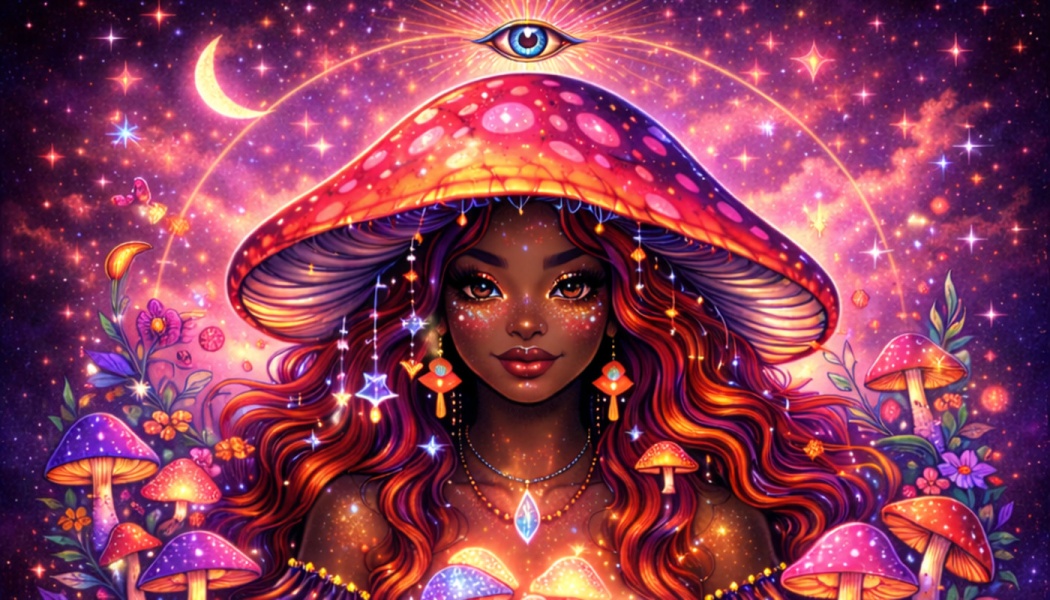 Psychedelic art of a woman wearing a giant mushroom hat, surrounded by a glowing cosmic galaxy and colorful fungi.