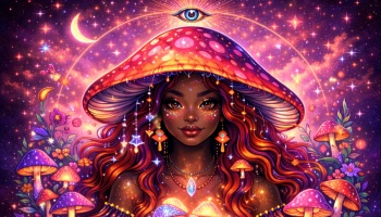 Psychedelic art of a woman wearing a giant mushroom hat, surrounded by a glowing cosmic galaxy and colorful fungi.