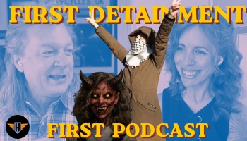 Graphic titled "First Detainment First Podcast" with a hooded activist, a horned demon, and two background portraits.