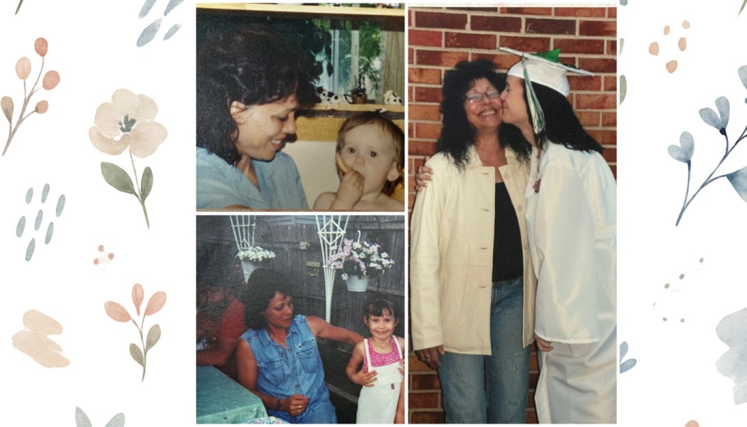 Collage of three family photos showing a mother and daughter together from toddlerhood to graduation day.