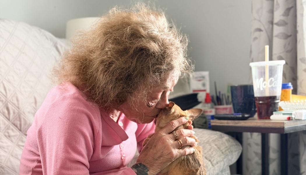 An elderly woman in a pink sweater gently kisses her small pet dog on the forehead while sitting at home.