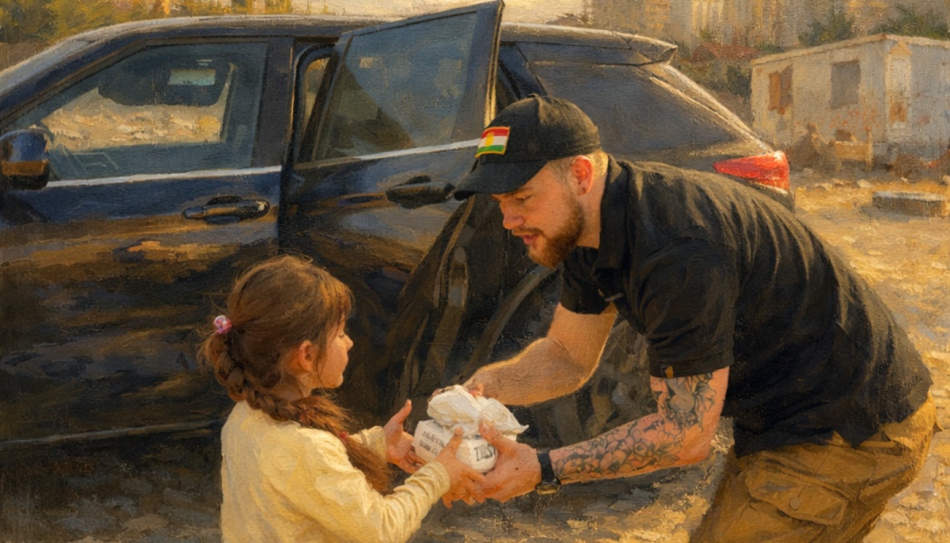 A man in a cap hands a package of supplies to a young girl next to an open car door.
