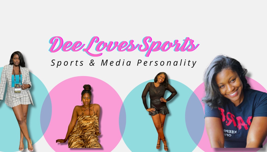 Dee Loves Sports: Sports & Media Personality banner featuring photos of a stylish woman in various outfits.